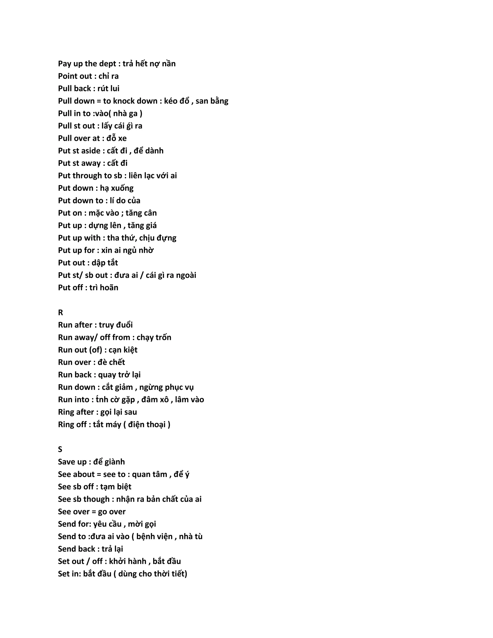 Pay up the dept : trả hết nợ nần 
Point out : chỉ ra 
Pull back : rút lui 
Pull down = to knock down : kéo đổ , san bằng 
Pull in to :vào( nhà ga ) 
Pull st out : lấy cái ǵì ra 
Pull over at : đỗ xe 
Put st aside : cất đi , để dành 
Put st away : cất đi 
Put through to sb : liên lạc với ai 
Put down : hạ xuống 
Put down to : lí do của 
Put on : mặc vào ; tăng cân 
Put up : dựng lên , tăng giá 
Put up with : tha thứ, chịu đựng 
Put up for : xin ai ngủ nhờ 
Put out : dập tắt 
Put st/ sb out : đưa ai / cái gì ra ngoài 
Put off : trì hoãn 
R 
Run after : truy đuổi 
Run away/ off from : chạy trốn 
Run out (of) : cạn kiệt 
Run over : đè chết 
Run back : quay trở lại 
Run down : cắt giảm , ngừng phục vụ 
Run into : tńh cờ gặp , đâm xô , lâm vào 
Ring after : gọi lại sau 
Ring off : tắt máy ( điện thoại ) 
S 
Save up : để giành 
See about = see to : quan tâm , để ý 
See sb off : tạm biệt 
See sb though : nhận ra bản chất của ai 
See over = go over 
Send for: yêu cầu , mời gọi 
Send to :đưa ai vào ( bệnh viện , nhà tù 
Send back : trả lại 
Set out / off : khởi hành , bắt đầu 
Set in: bắt đầu ( dùng cho thời tiết) 
 