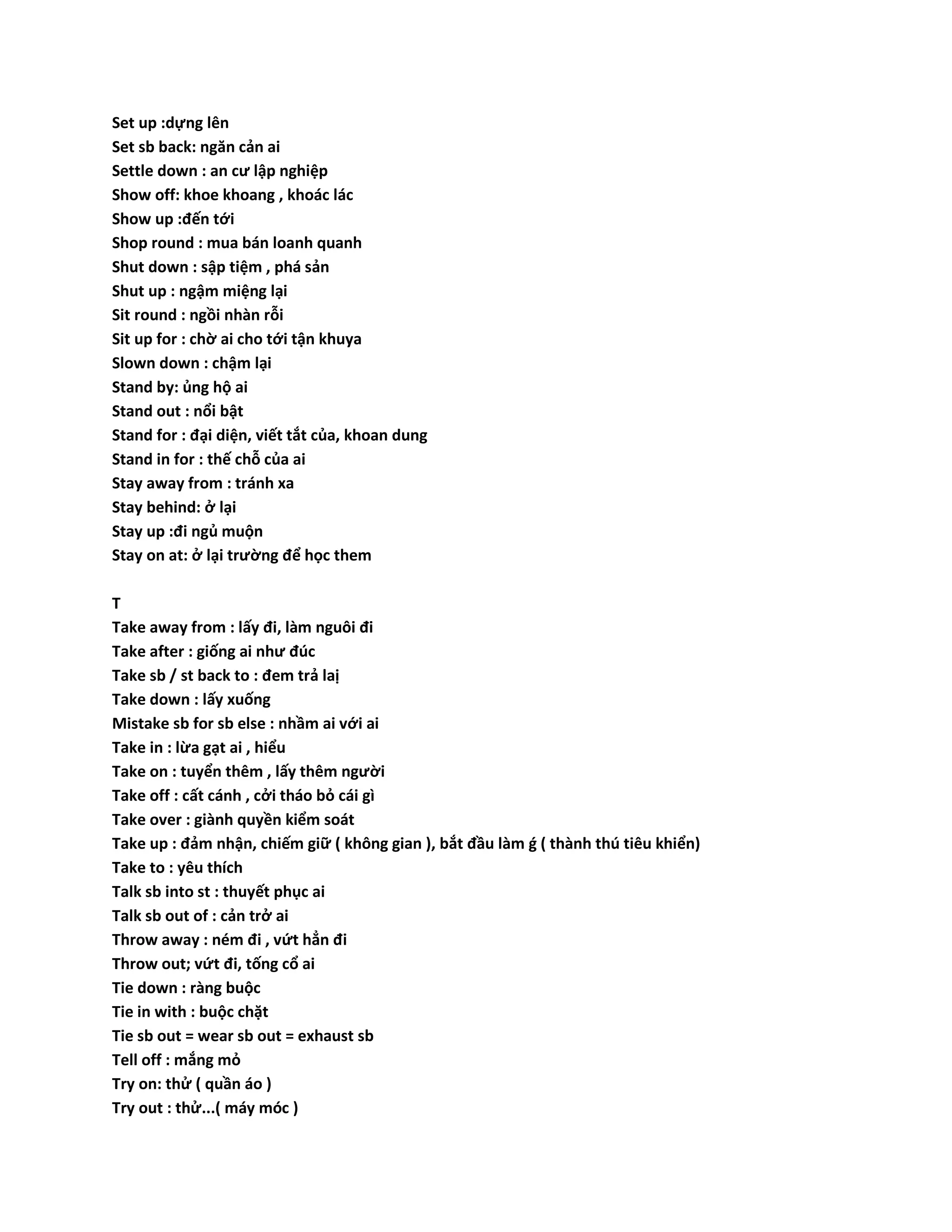 Set up :dựng lên 
Set sb back: ngăn cản ai 
Settle down : an cư lập nghiệp 
Show off: khoe khoang , khoác lác 
Show up :đến tới 
Shop round : mua bán loanh quanh 
Shut down : sập tiệm , phá sản 
Shut up : ngậm miệng lại 
Sit round : ngồi nhàn rỗi 
Sit up for : chờ ai cho tới tận khuya 
Slown down : chậm lại 
Stand by: ủng hộ ai 
Stand out : nổi bật 
Stand for : đại diện, viết tắt của, khoan dung 
Stand in for : thế chỗ của ai 
Stay away from : tránh xa 
Stay behind: ở lại 
Stay up :đi ngủ muộn 
Stay on at: ở lại trường để học them 
T 
Take away from : lấy đi, làm nguôi đi 
Take after : giống ai như đúc 
Take sb / st back to : đem trả laị 
Take down : lấy xuống 
Mistake sb for sb else : nhầm ai với ai 
Take in : lừa gạt ai , hiểu 
Take on : tuyển thêm , lấy thêm người 
Take off : cất cánh , cởi tháo bỏ cái gì 
Take over : giành quyền kiểm soát 
Take up : đảm nhận, chiếm giữ ( không gian ), bắt đầu làm ǵ ( thành thú tiêu khiển) 
Take to : yêu thích 
Talk sb into st : thuyết phục ai 
Talk sb out of : cản trở ai 
Throw away : ném đi , vứt hẳn đi 
Throw out; vứt đi, tống cổ ai 
Tie down : ràng buộc 
Tie in with : buộc chặt 
Tie sb out = wear sb out = exhaust sb 
Tell off : mắng mỏ 
Try on: thử ( quần áo ) 
Try out : thử...( máy móc ) 
 