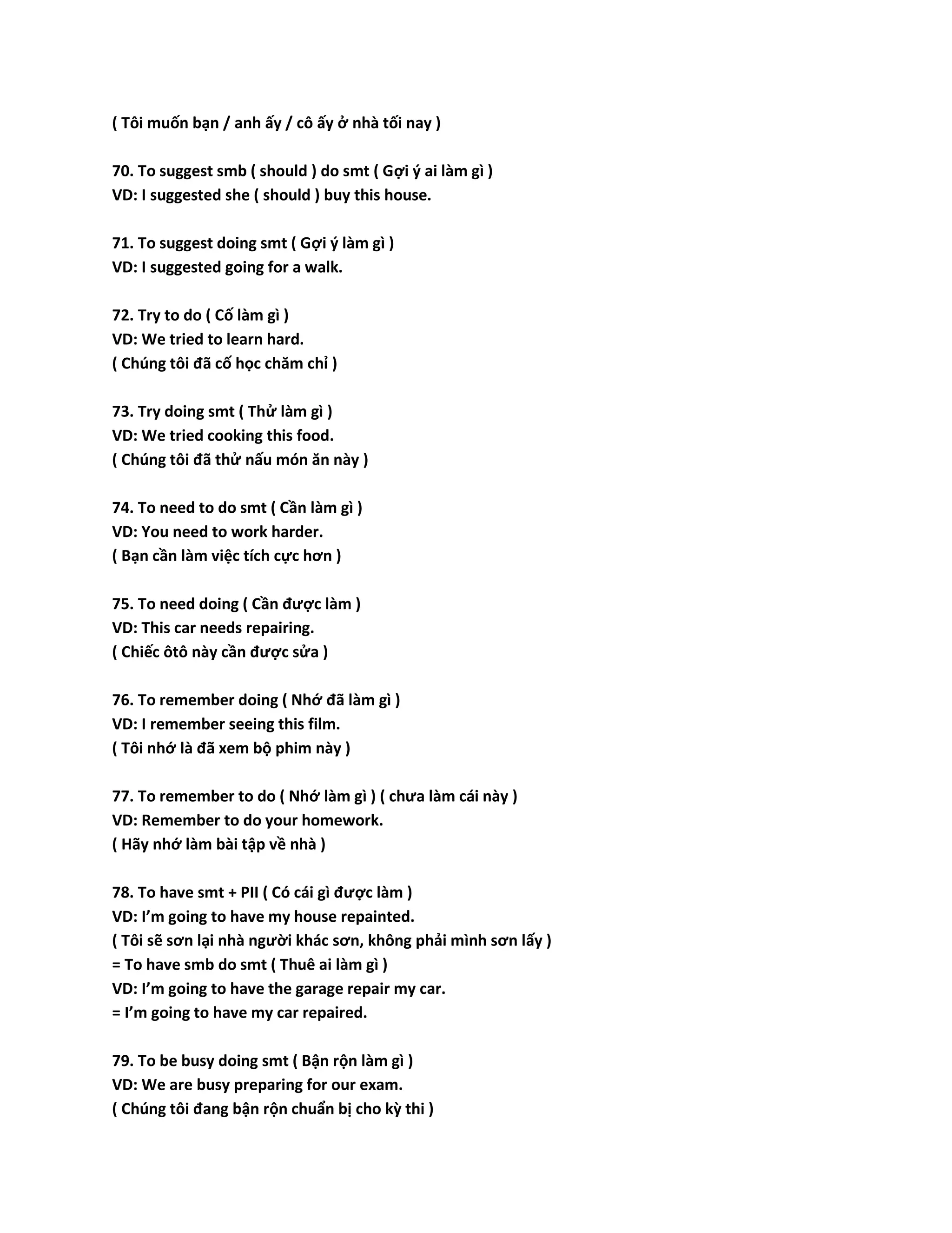 ( Tôi muốn bạn / anh ấy / cô ấy ở nhà tối nay ) 
70. To suggest smb ( should ) do smt ( Gợi ý ai làm gì ) 
VD: I suggested she ( should ) buy this house. 
71. To suggest doing smt ( Gợi ý làm gì ) 
VD: I suggested going for a walk. 
72. Try to do ( Cố làm gì ) 
VD: We tried to learn hard. 
( Chúng tôi đã cố học chăm chỉ ) 
73. Try doing smt ( Thử làm gì ) 
VD: We tried cooking this food. 
( Chúng tôi đã thử nấu món ăn này ) 
74. To need to do smt ( Cần làm gì ) 
VD: You need to work harder. 
( Bạn cần làm việc tích cực hơn ) 
75. To need doing ( Cần được làm ) 
VD: This car needs repairing. 
( Chiếc ôtô này cần được sửa ) 
76. To remember doing ( Nhớ đã làm gì ) 
VD: I remember seeing this film. 
( Tôi nhớ là đã xem bộ phim này ) 
77. To remember to do ( Nhớ làm gì ) ( chưa làm cái này ) 
VD: Remember to do your homework. 
( Hãy nhớ làm bài tập về nhà ) 
78. To have smt + PII ( Có cái gì được làm ) 
VD: I’m going to have my house repainted. 
( Tôi sẽ sơn lại nhà người khác sơn, không phải mình sơn lấy ) 
= To have smb do smt ( Thuê ai làm gì ) 
VD: I’m going to have the garage repair my car. 
= I’m going to have my car repaired. 
79. To be busy doing smt ( Bận rộn làm gì ) 
VD: We are busy preparing for our exam. 
( Chúng tôi đang bận rộn chuẩn bị cho kỳ thi ) 
 