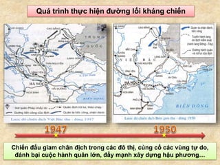 Quá trình thực hiện đường lối kháng chiến
Chiến đấu giam chân địch trong các đô thị, củng cố các vùng tự do,
đánh bại cuộc hành quân lớn, đẩy mạnh xây dựng hậu phương…
 