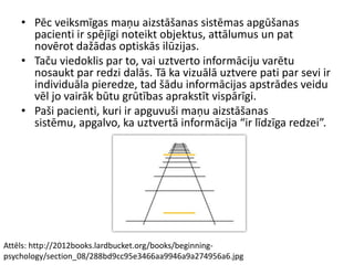 Attēls: http://2012books.lardbucket.org/books/beginning-
psychology/section_08/288bd9cc95e3466aa9946a9a274956a6.jpg
• Pēc veiksmīgas maņu aizstāšanas sistēmas apgūšanas
pacienti ir spējīgi noteikt objektus, attālumus un pat
novērot dažādas optiskās ilūzijas.
• Taču viedoklis par to, vai uztverto informāciju varētu
nosaukt par redzi dalās. Tā ka vizuālā uztvere pati par sevi ir
individuāla pieredze, tad šādu informācijas apstrādes veidu
vēl jo vairāk būtu grūtības aprakstīt vispārīgi.
• Paši pacienti, kuri ir apguvuši maņu aizstāšanas
sistēmu, apgalvo, ka uztvertā informācija “ir līdzīga redzei”.
 