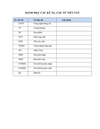 DANH MỤC CÁC KÝ TỰ, CÁC TỪ VIẾT TẮT

Từ viết tắt        Từ đầy đủ               Giải thích
     CNTT          Công nghệ thông tin

     TT            Truyền thông

     SP            Sản phẩm

     NCC           Nhà cung cấp

     NSX           Nhà sản xuất

     TNHH          Trách nhiệm hữu hạn

     NV            Nhân Viên

     HDN           Hóa đơn nhập

     HDX           Hóa đơn xuất

     CTHDN         Chi tiết hóa đơn nhập

     CTHDX         Chi tiết hóa đơn xuất

     QL            Quản lý
 