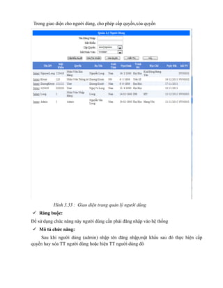 Trong giao diện cho người dùng, cho phép cấp quyền,xóa quyền




          Hình 3.33 : Giao diện trang quản lý người dùng
 Ràng buộc:
Để sử dụng chức năng này người dùng cần phải đăng nhập vào hệ thống
 Mô tả chức năng:
    Sau khi người dùng (admin) nhập tên đăng nhập,mật khẩu sau đó thực hiện cấp
quyền hay xóa TT người dùng hoặc hiện TT người dùng đó
 