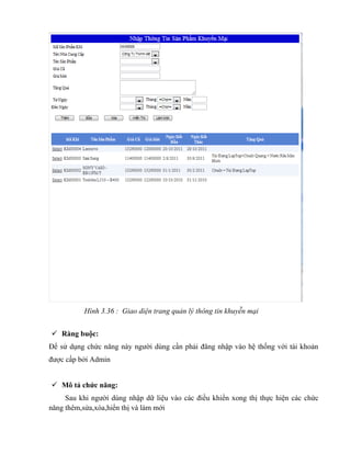 Hình 3.36 : Giao diện trang quản lý thông tin khuyễn mại


 Ràng buộc:
Để sử dụng chức năng này người dùng cần phải đăng nhập vào hệ thống với tài khoản
được cấp bởi Admin


 Mô tả chức năng:
     Sau khi người dùng nhập dữ liệu vào các điều khiển xong thị thực hiện các chức
năng thêm,sửa,xóa,hiển thị và làm mới
 