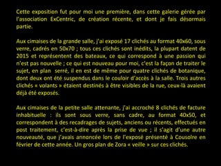 Cette exposition fut pour moi une première, dans cette galerie gérée par
l’association ExCentric, de création récente, et dont je fais désormais
partie.
Aux cimaises de la grande salle, j’ai exposé 17 clichés au format 40x60, sous
verre, cadrés en 50x70 ; tous ces clichés sont inédits, la plupart datent de
2015 et représentent des bateaux, ce qui correspond à une passion qui
n’est pas nouvelle ; ce qui est nouveau pour moi, c’est la façon de traiter le
sujet, en plan serré, il en est de même pour quatre clichés de botanique,
dont deux ont été suspendus dans le couloir d’accès à la salle. Trois autres
clichés « volants » étaient destinés à être visibles de la rue, ceux-là avaient
déjà été exposés.
Aux cimaises de la petite salle attenante, j’ai accroché 8 clichés de facture
inhabituelle : ils sont sous verre, sans cadre, au format 40x50, et
correspondent à des recadrages de sujets, anciens ou récents, effectués en
post traitement, c’est-à-dire après la prise de vue ; il s’agit d’une autre
nouveauté, que j’avais annoncée lors de l’exposé présenté à Cousolre en
février de cette année. Un gros plan de Zora « veille » sur ces clichés.
 
