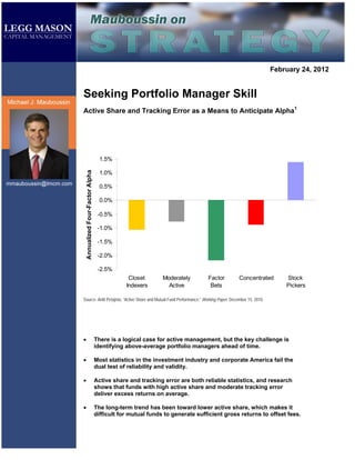 February 24, 2012


         Seeking Portfolio Manager Skill
         Active Share and Tracking Error as a Means to Anticipate Alpha1




                                              1.5%

                                              1.0%
             Annualized Four-Factor Alpha




                                              0.5%

                                              0.0%

                                             -0.5%

                                             -1.0%

                                             -1.5%

                                             -2.0%

                                             -2.5%
                                                         Closet       Moderately       Factor      Concentrated       Stock
                                                        Indexers        Active          Bets                          Pickers

         Source: Antti Petajisto, “Active Share and Mutual Fund Performance,” Working Paper, December 15, 2010.




         •                                  There is a logical case for active management, but the key challenge is
                                            identifying above-average portfolio managers ahead of time.

         •                                  Most statistics in the investment industry and corporate America fail the
                                            dual test of reliability and validity.

         •                                  Active share and tracking error are both reliable statistics, and research
                                            shows that funds with high active share and moderate tracking error
                                            deliver excess returns on average.

         •                                  The long-term trend has been toward lower active share, which makes it
                                            difficult for mutual funds to generate sufficient gross returns to offset fees.


Page 1                                                                                                Legg Mason Capital Management
 