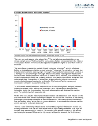 Exhibit 1: Most Common Benchmark Indexes13
         60%



         50%



         40%
                                                               Percentage of Funds
                                                               Percentage of Assets
         30%



         20%



         10%



           0%
                  S&P 500 Russell Russell Russell Russell Russell Russell Russell Russell                              Other
                           2000    1000    1000    2000    2000   Midcap   3000   Midcap
                                  Growth   Value  Growth   Value  Growth           Value

         Source: Antti Petajisto, “Active Share and Mutual Fund Performance,” Working Paper, December 15, 2010.


         There are two basic ways to raise active share.14 The first is through stock selection, as our
         simple example shows. That means either buying stocks that are not represented in the index, or
         owning stocks that are in the index but at a position weight that is higher or lower than what is in
         the index.

         The second way to raise active share is through systematic factor risk15, which is effectively
         betting on factors by overweighting or underweighting16 industries. For example, a manager who
         is bullish on an economic recovery might overweight industries that are economically sensitive, or
         a manager who is bearish might overweight defensive industries. Tracking error, the standard
         deviation of the difference between the returns of the fund and of the index, does an effective job
         in capturing systematic factor risk. Tracking error puts more weight on correlated active bets than
         active share does. You can think of active share as a complement to tracking error and a
         measure that adds value in explaining fund results. A full picture of active management
         incorporates both active share and tracking error.

         To illustrate the difference between these measures of active management, Petajisto offers the
         following illustration. Say a portfolio has 50 stocks. If all of the overweight positions are in
         technology stocks that move together, then small active positions will generate high tracking
         error. The portfolio has high systematic risk.

         On the other hand, say the index represents 50 industries with 20 stocks in each industry and the
         fund selects one stock from each industry but weights that stock at the same level as the industry.
         In this case, active share will be high at about 95 percent but the tracking error will be relatively
         low. As Petajisto notes, “active share is a reasonable proxy for stock selection, whereas tracking
         error is a proxy for systematic factor risk.”

         There is a clear relationship between active share and tracking error. When active share is low,
         tracking error tends to be low and when active share is high, tracking error tends to be high. But
         the data show some amount of variation. For example, funds with tracking error of 4-6 percent
         can have active shares of 30 percent to 100 percent, while active shares in the 70-80 percent



Page 5                                                                                                            Legg Mason Capital Management
 
