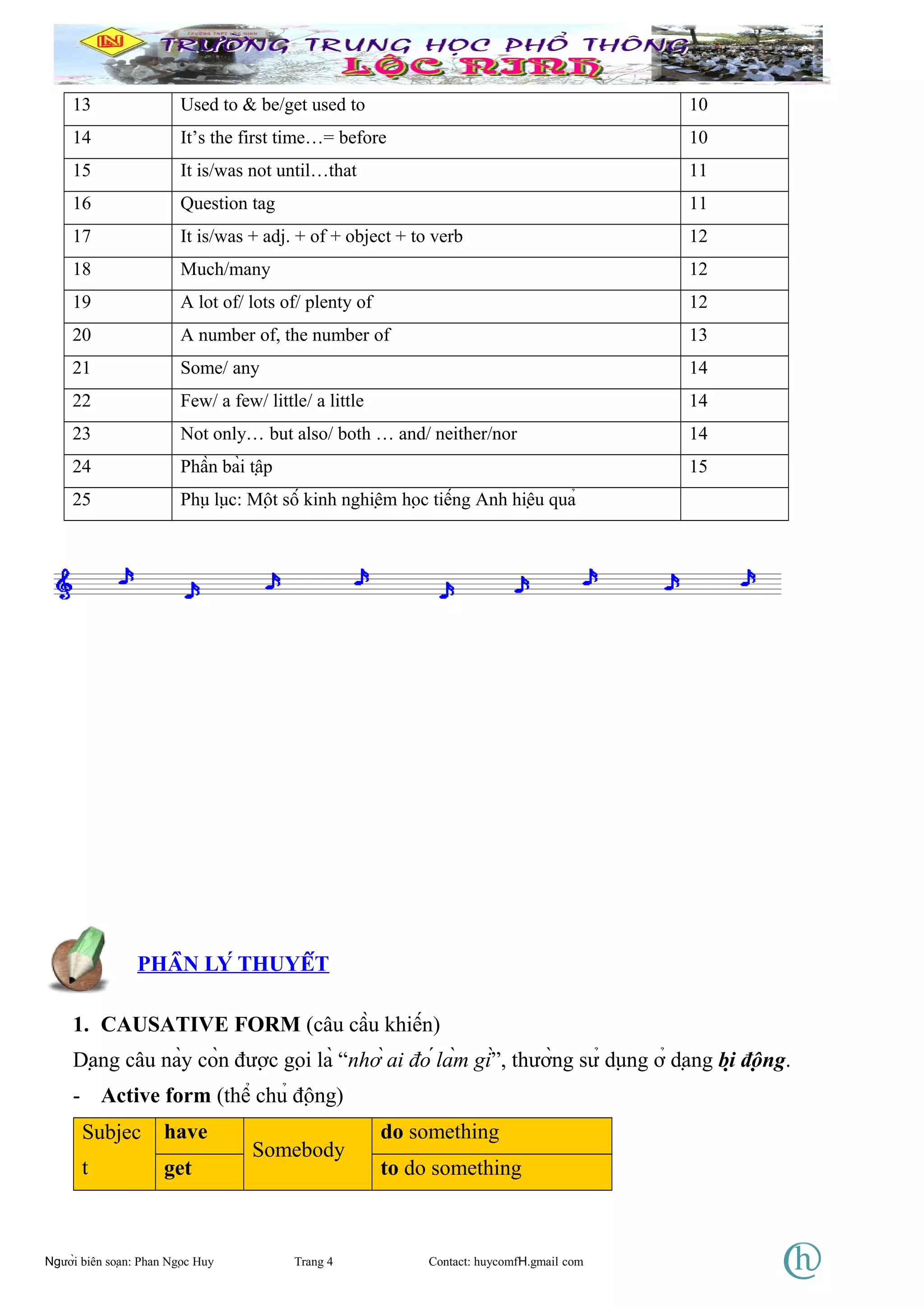13 Used to & be/get used to 10
14 It’s the first time…= before 10
15 It is/was not until…that 11
16 Question tag 11
17 It is/was + adj. + of + object + to verb 12
18 Much/many 12
19 A lot of/ lots of/ plenty of 12
20 A number of, the number of 13
21 Some/ any 14
22 Few/ a few/ little/ a little 14
23 Not only… but also/ both … and/ neither/nor 14
24 Phần bài tập 15
25 Phụ lục: Một số kinh nghiệm học tiếng Anh hiệu quả
PHẦN LÝ THUYẾT
1. CAUSATIVE FORM (câu cầu khiến)
Dạng câu này còn được gọi là “nhờ ai đó làm gì”, thường sử dụng ở dạng bị động.
- Active form (thể chủ động)
Subjec
t
have
Somebody
do something
get to do something
Người biên soạn: Phan Ngọc Huy Trang 4 Contact: huycomfH.gmail com
 