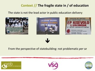 The state is not the lead actor in public education delivery
Context // The fragile state in / of education

From the perspective of statebuilding: not problematic per se
 