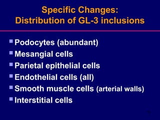 15
Specific Changes:
Distribution of GL-3 inclusions
Podocytes (abundant)
Mesangial cells
Parietal epithelial cells
Endothelial cells (all)
Smooth muscle cells (arterial walls)
Interstitial cells
 
