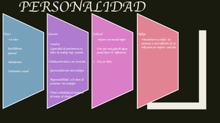 PERSONALIDAD
Fisico
•18 años
Bachillerato
General
Salvadoreña
Vestimenta casual
Cáracter
Creativa
Capacidad de persistencia en
labor de trabajo bajo presión.
• Dedicación total a mi vocación.
Genuinidad ante mis trabajos.
Responsabilidad a la hora de
presentar mis trabajos.
Total cordialidad al momento
de tratar al cliente.
Cultural
•Espero un mundo mejor.
Creo que una gota de agua
puede hacer la diferencia.
• Creo en Dios.
Reflejo
•Incentivar a a todas las
personas a una reflexión de su
vida para ser mejores cada día.
 