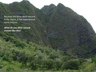 Because the West Maui volcano is the oldest, it has experienced more erosion. What do you think caused erosion like this? 