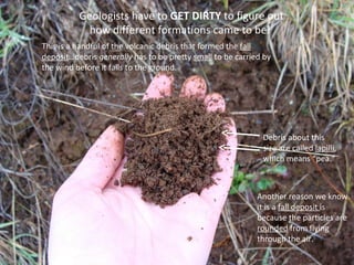 Geologists have to  GET DIRTY  to figure out how different formations came to be!  Debris about this size are called  lapilli , which means “pea.” This is a handful of the volcanic debris that formed the  fall deposit …debris  generally  has to be pretty  small  to be carried by the wind before it falls to the ground. Another reason we know it is a  fall deposit  is because the particles are  rounded  from flying through the air. 