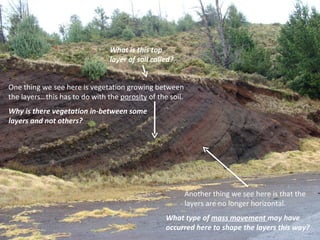 One thing we see here is vegetation growing between the layers…this has to do with the  porosity  of the soil. What is this top layer of soil called? Another thing we see here is that the layers are no longer horizontal. Why is there vegetation in-between some layers and not others? What type of  mass movement  may have occurred here to shape the layers this way? 