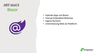 Blazor
.NET MAUI
• Hybride Apps mit Blazor
• Interop Embedded Webview
• Eigene Runtime
• Unterstützung Web als Plattform
 