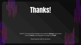 CREDITS: This presentation template was created by Slidesgo, and includes
icons by Flaticon, and infographics & images by Freepik
Thanks!
Please keep this slide for attribution
 