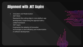 Alignment with .NET Aspire
1. Innovation and Modernization
- .NET MAUI
Represents the cutting-edge in cross-platform app
development, modernizing the approach with a
unified framework.
- .NET Aspire
Emphasizes the adoption of innovative
technologies to drive efficiency and modernization
in software development.
 
