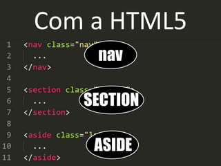 Com a HTML5
nav
SECTION
ASIDE
 