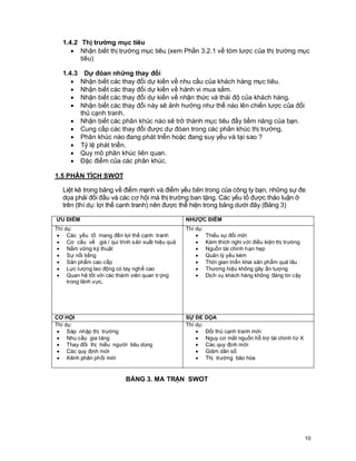 © Copyright Envision SBS. 2004. All rights reserved. Protected by the copyright laws of the United States & Canada and by international treaties. IT IS ILLEGAL
AND STRICTL Y PROHIBITED TO DISTRIBUTE, PUBLISH, OFFER FOR SALE, LICENSE OR SUBLICENSE, GIVE OR DISCLOSE TO ANY OTHER PARTY ,
THIS PRODUCT IN HARD COPY OR DIGIT AL FORM. ALL OFFENDERS WILL BE SUED IN A COURT OF LAW.


    1.4.2 Thị trường mục tiêu
       · Nhận biết thị trường mục tiêu (xem Phần 3.2.1 về tóm lược của thị trường mục
          tiêu)

    1.4.3        Dự đóan những thay đổi
       ·        Nhận biết các thay đổi dự kiến về nhu cầu của khách hàng mục tiêu.
       ·        Nhận biết các thay đổi dự kiến về hành vi mua sắm.
       ·        Nhận biết các thay đổi dự kiến về nhận thức và thái độ của khách hàng.
       ·        Nhận biết các thay đổi này sẽ ảnh hưởng như thế nào lên chiến lược của đối
                thủ cạnh tranh.
         ·      Nhận biết các phân khúc nào sẽ trở thành mục tiêu đầy tiềm năng của bạn.
         ·      Cung cấp các thay đổi được dự đóan trong các phân khúc thị trường.
         ·      Phân khúc nào đang phát triển hoặc đang suy yếu và tại sao ?
         ·      Tỷ lệ phát triển.
         ·      Quy mô phân khúc liên quan.
         ·      Đặc điểm của các phân khúc.

1.5 PHÂN TÍCH SWOT

    Liệt kê trong bảng về điểm mạnh và điểm yếu bên trong của công ty bạn, những sự đe
    dọa phải đối đầu và các cơ hội mà thị trường ban tặng. Các yếu tố được thảo luận ở
    trên (thí dụ: lợi thế cạnh tranh) nên được thể hiện trong bảng dưới đây (Bảng 3)

ƯU ĐIỂM                                                                          NHƯỢC ĐIỂM
Thí dụ:                                                                          Thí dụ:
 · Các yếu tố mang đến lợi thế cạnh tranh                                            ·        Thiếu sự đổi mới
 · Cơ cấu về giá / qui trình sản xuất hiệu quả                                       ·        Kém thích nghi với điều kiện thị trường
 · Nắm vững kỹ thuật                                                                 ·        Nguồn tài chính hạn hẹp
 · Sự nổi tiếng                                                                      ·        Quản lý yếu kém
 · Sản phẩm cao cấp                                                                  ·        Thời gian triển khai sản phẩm quá lâu
 · Lực lượng lao động có tay nghề cao                                                ·        Thương hiệu không gây ấn tượng
 · Quan hệ tốt với các thành viên quan tr ọng                                        ·        Dịch vụ khách hàng không đáng tin cậy
     trong lãnh vực.




CƠ HỘI                                                                           SỰ ĐE       DỌA
Thí dụ:                                                                          Thí dụ:
 · Sáp nhập thị trường                                                               ·        Đối thủ cạnh tranh mới
 · Nhu cầu gia tăng                                                                  ·        Nguy cơ mất nguồn hỗ trợ tài chính từ X
 · Thay đổi thị hiếu người tiêu dùng                                                 ·        Các quy định mới
 · Các quy định mới                                                                  ·        Giảm dân số
 · Kênh phân phối mới                                                                ·        Thị trường bão hòa


                                            BẢNG 3. MA TRẬN SWOT




                                                                                                                                                            10
 