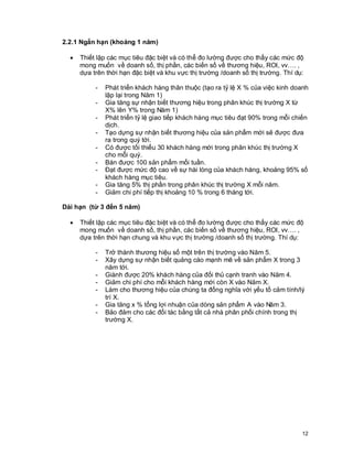 © Copyright Envision SBS. 2004. All rights reserved. Protected by the copyright laws of the United States & Canada and by international treaties. IT IS ILLEGAL
AND STRICTL Y PROHIBITED TO DISTRIBUTE, PUBLISH, OFFER FOR SALE, LICENSE OR SUBLICENSE, GIVE OR DISCLOSE TO ANY OTHER PARTY ,
THIS PRODUCT IN HARD COPY OR DIGIT AL FORM. ALL OFFENDERS WILL BE SUED IN A COURT OF LAW.


    2.2.1 Ngắn hạn (khoảng 1 năm)

         ·      Thiết lập các mục tiêu đặc biệt và có thể đo lường được cho thấy các mức độ
                mong muốn về doanh số, thị phần, các biến số về thương hiệu, ROI, vv…. ,
                dựa trên thời hạn đặc biệt và khu vực thị trường /doanh số thị trường. Thí dụ:

                         -      Phát triển khách hàng thân thuộc (tạo ra tỷ lệ X % của việc kinh doanh
                                lập lại trong Năm 1)
                         -      Gia tăng sự nhận biết thương hiệu trong phân khúc thị trường X từ
                                X% lên Y% trong Năm 1)
                         -      Phát triển tỷ lệ giao tiếp khách hàng mục tiêu đạt 90% trong mỗi chiến
                                dịch.
                         -      Tạo dựng sự nhận biết thương hiệu của sản phẩm mới sẽ được đưa
                                ra trong quý tới.
                         -      Có được tối thiểu 30 khách hàng mới trong phân khúc thị trường X
                                cho mỗi quý.
                         -      Bán được 100 sản phẩm mổi tuần.
                         -      Đạt được mức độ cao về sự hài lòng của khách hàng, khoảng 95% số
                                khách hàng mục tiêu.
                         -      Gia tăng 5% thị phần trong phân khúc thị trường X mỗi năm.
                         -      Giảm chi phí tiếp thị khoảng 10 % trong 6 tháng tới.

    Dài hạn (từ 3 đến 5 năm)

         ·      Thiết lập các mục tiêu đặc biệt và có thể đo lường được cho thấy các mức độ
                mong muốn về doanh số, thị phần, các biến số về thương hiệu, ROI, vv…. ,
                dựa trên thời hạn chung và khu vực thị trường /doanh số thị trường. Thí dụ:

                         -      Trở thành thương hiệu số một trên thị trường vào Năm 5.
                         -      Xây dựng sự nhận biết quảng cáo mạnh mẽ về sản phẩm X trong 3
                                năm tới.
                         -      Giành được 20% khách hàng của đối thủ cạnh tranh vào Năm 4.
                         -      Giảm chi phí cho mỗi khách hàng mới còn X vào Năm X.
                         -      Làm cho thương hiệu của chúng ta đổng nghĩa với yếu tố cảm tính/lý
                                trí X.
                         -      Gia tăng x % tổng lợi nhuận của dòng sản phẩm A vào Năm 3.
                         -      Bảo đảm cho các đối tác bằng tất cả nhà phân phối chính trong thị
                                trường X.




                                                                                                                                                            12
 