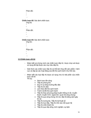 © Copyright Envision SBS. 2004. All rights reserved. Protected by the copyright laws of the United States & Canada and by international treaties. IT IS ILLEGAL
AND STRICTL Y PROHIBITED TO DISTRIBUTE, PUBLISH, OFFER FOR SALE, LICENSE OR SUBLICENSE, GIVE OR DISCLOSE TO ANY OTHER PARTY ,
THIS PRODUCT IN HARD COPY OR DIGIT AL FORM. ALL OFFENDERS WILL BE SUED IN A COURT OF LAW.


                             Phản đối:
                             -
                             -
                             …

                   Chiến lược #2: Xác định chiến lược
                       Ủng hộ:
                       -
                       -
                       …
                       Phản đối:
                       -
                       -
                       …

                   Chiến lược #3: Xác định chiến lược
                       Ủng hộ::
                       -
                       -
                       …
                       Phản đối:
                       -
                       -
                       …

         3.5 Chiến lược cốt lõi

                         -      Nhận biết và chứng minh các chiến lược tiếp thị được chọn sẽ được
                                sử dụng để đạt được các mục tiêu tiếp thị.

                         -      Giải thích các chiến lược tiếp thị có thể làm thay đổi sản phẩm / lãnh
                                vực và đáp lại các hoạt động của đối thủ cạnh tranh như thế nào.

                         -      Nhận biết các loại tiếp thị được sử dụng như là một phần của chiến
                                lược cốt lõi
                                Thí dụ:
                                           · Sách lược tấn công
                                           · Tiếp thị phòng thủ
                                           · Duy trì sự tăng trưởng đều đặn
                                           · Tiếp thị kín đáo
                                           · Làm theo đối thủ cạnh tranh
                                           · Tránh né đối thủ cạnh tranh
                                           · Tiếp thị theo phương pháp truyền thống (in ấn, truyền
                                             thanh, truyền hình, ngoài trời, quan hệ công chúng)
                                           · Tiếp thị qua công chúng: lời nói, tiếp thị bằng cách gây
                                             ồn ào
                                           · Tiếp thị tương tác, Tiếp thị kỹ thuật số
                                           · Tiếp thị trực tiếp, Tiếp thị nhờ vào mối quan hệ
                                           · Tiếp thị chốn thành thị
                                           · Tiếp thị qua nếp sống, kinh nghiệm, sự kịên


                                                                                                                                                            16
 