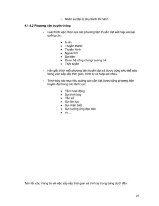 © Copyright Envision SBS. 2004. All rights reserved. Protected by the copyright laws of the United States & Canada and by international treaties. IT IS ILLEGAL
AND STRICTL Y PROHIBITED TO DISTRIBUTE, PUBLISH, OFFER FOR SALE, LICENSE OR SUBLICENSE, GIVE OR DISCLOSE TO ANY OTHER PARTY ,
THIS PRODUCT IN HARD COPY OR DIGIT AL FORM. ALL OFFENDERS WILL BE SUED IN A COURT OF LAW.


                                                  o Nhân sự/đại lý phụ trách thi hành

4.1.4.2 Phương tiện truyền thông

                         -      Giải thích việc chọn lựa các phương tiện truyền đạt kết hợp với loại
                                quảng cáo.

                                                  ·     In ấn
                                                  ·     Truyền thanh
                                                  ·     Truyền hình
                                                  ·     Ngoài trời
                                                  ·     Sự kiện
                                                  ·     Quan hệ công chúng/ quảng bá
                                                  ·     Trực tuyến

                         -      Hãy giải thích mỗi phương tiện truyền đạt sẽ được dùng như thế nào
                                trong việc sắp xếp thời gian, trình tự và hiệp lực nhau.

                         -      Trình bày các mục tiêu quảng cáo cần đạt được bằng phương tiện
                                truyền đạt trong các lãnh vực:

                                                  ·     Tầm hoạt động
                                                  ·     Sự trình bày
                                                  ·     Tần số
                                                  ·     Sự liên tục
                                                  ·     Sự nhận biết
                                                  ·     Sự hưởng ứng đặc biệt
                                                  ·     vv….




Tóm tắt các thông tin về việc sắp xếp thời gian và trình tự trong bảng dướI đây:



                                                                                                                                                            20
 