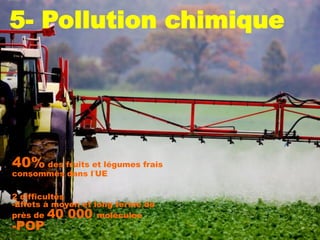 5- Pollution chimique




40% des fruits et légumes frais
consommés dans l’UE

2 difficultés
-Effets à moyen et long terme de
près de 40 000 molécules
-POP
 