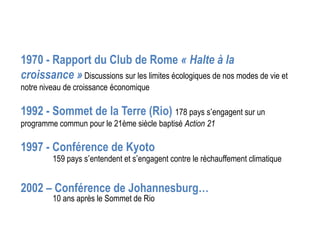 1970 - Rapport du Club de Rome « Halte à la
croissance » Discussions sur les limites écologiques de nos modes de vie et
notre niveau de croissance économique

1992 - Sommet de la Terre (Rio) 178 pays s’engagent sur un
programme commun pour le 21ème siècle baptisé Action 21

1997 - Conférence de Kyoto
         159 pays s’entendent et s’engagent contre le réchauffement climatique


2002 – Conférence de Johannesburg…
         10 ans après le Sommet de Rio
 