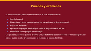 Pruebas y exámenes 
El médico llevará a cabo un examen físico, el cual puede mostrar: 
● Hernia inguinal 
● Diastasis de rectos (separación de los músculos en el área abdominal) 
● Bajo tono muscular 
● Epicanto, un pliegue extra de piel sobre el ángulo interior del ojo 
● Problemas con el pliegue de las orejas 
Las pruebas genéticas pueden mostrar una parte faltante del cromosoma 5. Una radiografía del 
cráneo puede revelar problemas con la forma de la base del cráneo. 
 