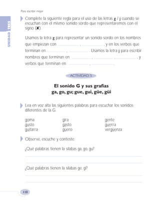 Para escribir mejor
110
Complete la siguiente regla para el uso de las letras g / j cuando se
escuchan con el mismo sonido sordo que representaremos con el
signo (✘).
Usamos la letra g para representar un sonido sordo en los nombres
que empiezan con , , y en los verbos que
terminan en , . Usamos la letra j para escribir
nombres que terminan en , , , y
verbos que terminan en , .
El sonido G y sus grafías
ga, go, gu; gue, gui, güe, güi
Lea en voz alta las siguientes palabras para escuchar los sonidos
diferentes de la G.
goma gira gente
gusto gasto guerra
guitarra güero vergüenza
Observe, escuche y conteste:
¿Qué palabras tienen la sílabas ga, go, gu?
¿Qué palabras tienen la sílabas ge, gi?
Fas Vamos escribir U3 5/25/04 6:56 PM Página 110
 