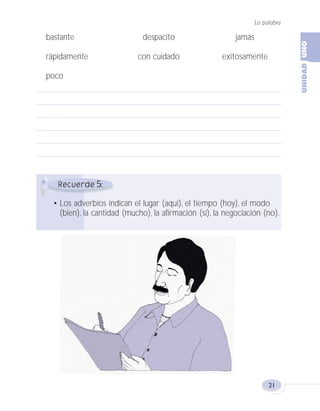 bastante despacito jamás
rápidamente con cuidado exitosamente
poco
La palabra
21
5
• Los adverbios indican el lugar (aquí), el tiempo (hoy), el modo
(bien), la cantidad (mucho), la afirmación (sí), la negociación (no).
Fas Vamos escribir U1 5/25/04 6:53 PM Página 21
 