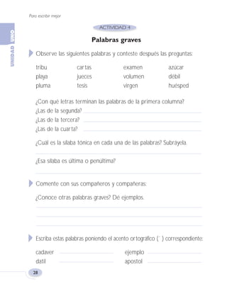 Palabras graves
Observe las siguientes palabras y conteste después las preguntas:
tribu cartas examen azúcar
playa jueces volumen débil
pluma tesis virgen huésped
¿Con qué letras terminan las palabras de la primera columna?
¿Las de la segunda?
¿Las de la tercera?
¿Las de la cuarta?
¿Cuál es la sílaba tónica en cada una de las palabras? Subráyela.
¿Esa sílaba es última o penúltima?
Comente con sus compañeros y compañeras:
¿Conoce otras palabras graves? Dé ejemplos.
Escriba estas palabras poniendo el acento ortográfico (´ ) correspondiente:
cadaver ejemplo
datil apostol
Para escribir mejor
28
Fas Vamos escribir U1 5/25/04 6:53 PM Página 28
 