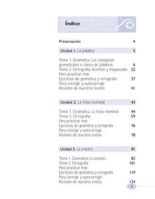 Presentación 4
Unidad 1. La palabra 5
Tema 1. Gramática: Las categorías
gramaticales o clases de palabras 6
Tema 2. Ortografía: Acentos y mayúsculas 22
Para practicar más:
Ejercicios de gramática y ortografía 37
Para corregir y autocorregir:
Revisión de nuestros textos 41
Unidad 2. La frase nominal 43
Tema 1. Gramática: La frase nominal 44
Tema 2. Ortografía 59
Para practicar más:
Ejercicios de gramática y ortografía 76
Para corregir y autocorregir:
Revisión de nuestros textos 78
Unidad 3. La oración 81
Tema 1. Gramática: La oración 82
Tema 2. Ortografía 101
Para practicar más:
Ejercicios de gramática y ortografía 119
Para corregir y autocorregir:
Revisión de nuestros textos 124
3
Índice
Fas Vamos escribir U1 5/25/04 6:53 PM Página 3
 