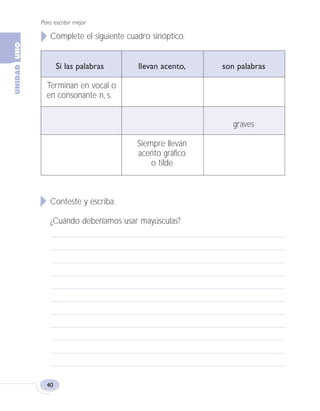 Para escribir mejor
40
Complete el siguiente cuadro sinóptico.
Si las palabras llevan acento, son palabras
Terminan en vocal o
en consonante n, s.
graves
Siempre llevan
acento gráfico
o tilde
Conteste y escriba:
¿Cuándo deberíamos usar mayúsculas?
Fas Vamos escribir U1 5/25/04 6:53 PM Página 40
 