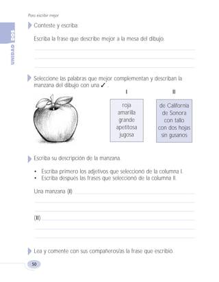Para escribir mejor
50
Conteste y escriba:
Escriba la frase que describe mejor a la mesa del dibujo.
Seleccione las palabras que mejor complementan y describan la
manzana del dibujo con una ✓ .
I II
Escriba su descripción de la manzana.
• Escriba primero los adjetivos que seleccionó de la columna I.
• Escriba después las frases que seleccionó de la columna II.
Una manzana (I)
(II)
Lea y comente con sus compañeros/as la frase que escribió.
roja
amarilla
grande
apetitosa
jugosa
de California
de Sonora
con tallo
con dos hojas
sin gusanos
Fas Vamos escribir U2 5/25/04 6:54 PM Página 50
 