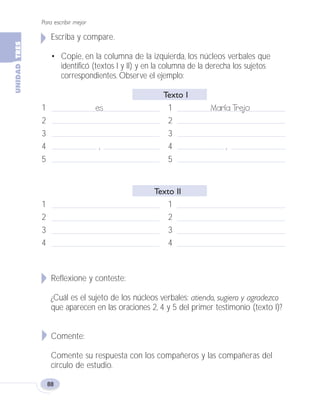 Escriba y compare.
• Copie, en la columna de la izquierda, los núcleos verbales que
identificó (textos I y II) y en la columna de la derecha los sujetos
correspondientes. Observe el ejemplo:
Texto I
1 es 1 María Trejo
2 2
3 3
4 , 4 ,
5 5
Texto II
1 1
2 2
3 3
4 4
Reflexione y conteste:
¿Cuál es el sujeto de los núcleos verbales: atiendo, sugiero y agradezco
que aparecen en las oraciones 2, 4 y 5 del primer testimonio (texto I)?
Comente:
Comente su respuesta con los compañeros y las compañeras del
círculo de estudio.
Para escribir mejor
88
Fas Vamos escribir U3 5/25/04 6:56 PM Página 88
 