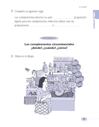 Complete la siguiente regla:
Los complementos directos se usan preposición
alguna, pero los complementos indirectos deben usar las
preposiciones o .
Los complementos circunstanciales
¿dónde?, ¿cuándo?, ¿cómo?
Observe el dibujo.
La oración
95
Fas Vamos escribir U3 5/25/04 6:56 PM Página 95
 