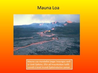 Mauna Loa




Mauna Loa myndaðist þegar hraungos varð
úr tindi fjallsins. Eftir að hraunkvikan hafði
runnið á brott hrundi fjallstindurinn saman
 
