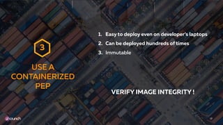 1. Easy to deploy even on developer’s laptops
2. Can be deployed hundreds of times
3. Immutable
17
USE A
CONTAINERIZED
PEP
3
VERIFY IMAGE INTEGRITY !
 