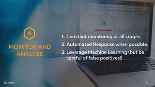 1. Constant monitoring at all stages
2. Automated Response when possible.
3. Leverage Machine Learning (but be
careful of false positives!)
18
MONITOR AND
ANALYZE
4
 