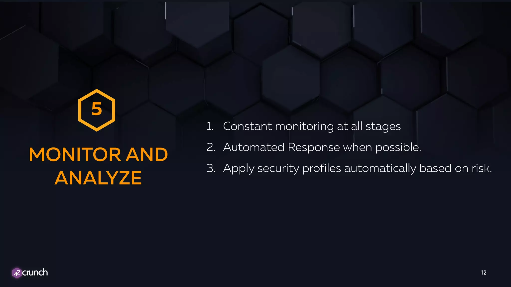 1. Constant monitoring at all stages
2. Automated Response when possible.
3. Apply security profiles automatically based on risk.
12
MONITOR AND
ANALYZE
5
 