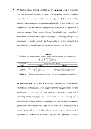 • Οι διαπροσωπικές σχέσεις σε σχέση µε την ιεραρχική δοµή. Η οικειότητα
τείνει να δηµιουργεί διαφωνίες οι οποίες, όταν επιλύονται εγκαίρως, µειώνουν
την πιθανότητα µεγάλων καβγάδων και ρήξεων. Η Bendersky (2002)
αναφέρει ότι οι επιδράσεις των διαπροσωπικών δεσµών (στενοί ή χαλαροί) στην
συµπεριφορά κατά τη διάρκεια µιας σύγκρουσης ρυθµίζονται από την κάθετη ή
οριζόντια ιεραρχική δοµή η οποία ορίζει τις διαφορές εξουσίας στις οµάδες. Ο
συνδυασµός αυτών των δύο µεταβλητών δηµιουργεί τις ιδιαίτερες συνθήκες ενός
οργανισµού οι οποίες ευνοούν τη διαπραγµάτευση ή την αποφυγή των
συγκρούσεων. Τα αποτελέσµατα της έρευνάς της δίνονται στον πίνακα 6.
Πίνακας 6
Επιδράσεις των διαπροσωπικών σχέσεων και της ιεραρχικής δοµής στη διαχείριση της
σύγκρουσης
(Πηγή: Bendersky (2002))
Πίνακας 6
Επιδράσεις των διαπροσωπικών σχέσεων και της ιεραρχικής δοµής στη διαχείριση της
σύγκρουσης
(Πηγή: Bendersky (2002))
Πίνακας 6
Επιδράσεις των διαπροσωπικών σχέσεων και της ιεραρχικής δοµής στη διαχείριση της
σύγκρουσης
(Πηγή: Bendersky (2002))
Ιεραρχική
Δοµή
Διαπροσωπικές σχέσειςΔιαπροσωπικές σχέσειςΙεραρχική
Δοµή Χαλαρές Στενές
Κάθετη
Οι συγκρούσεις τυποποιούνται
ή αποφεύγονται
Οι συγκρούσεις αποφεύγονται
Οριζόντια Οι συγκρούσεις αποφεύγονται Οι συγκρούσεις διαπραγµατεύονται
• Ο τύπος διοίκησης. Οι DiPaola & Hoy (2001) αναφέρουν τον σηµαντικό ρόλο
του τύπου διοίκησης (εξουσιοδοτική ή εξαναγκαστική) της οργάνωσης η οποία σε
συνδυασµό µε τον τύπο της οργανωσιακής σύγκρουσης (γνωστική ή
συναισθηµατική) επηρεάζει την οργανωσιακή αλλαγή (πίνακας 7). Η
εξουσιοδοτική διοίκηση α) θεωρεί ευπρόσδεκτη τη γνωστική σύγκρουση και τη
χρησιµοποιεί σαν ευκαιρία για αλλαγή και βελτίωση και β) αναγνωρίζει ότι η
συναισθηµατική σύγκρουση επιφέρει µείωση της απόδοσης και ικανοποίησης. Η
εξαναγκαστική διοίκηση α) καταστέλλει τη γνωστική σύγκρουση και χάνει
-84-
 