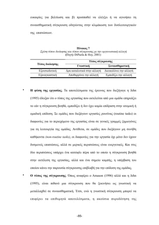 ευκαιρίες για βελτίωση και β) προσπαθεί να ελέγξει ή να αγνοήσει τη
συναισθηµατική σύγκρουση οδηγώντας στην κλιµάκωση των δυσλειτουργικών
της επιπτώσεων.
Πίνακας 7
Σχέση τύπου διοίκησης και τύπου σύγκρουσης µε την οργανωσιακή αλλαγή
(Πηγή: DiPaola & Hoy, 2001)
Πίνακας 7
Σχέση τύπου διοίκησης και τύπου σύγκρουσης µε την οργανωσιακή αλλαγή
(Πηγή: DiPaola & Hoy, 2001)
Πίνακας 7
Σχέση τύπου διοίκησης και τύπου σύγκρουσης µε την οργανωσιακή αλλαγή
(Πηγή: DiPaola & Hoy, 2001)
Τύπος διοίκησης
Τύπος σύγκρουσηςΤύπος σύγκρουσης
Τύπος διοίκησης
Γνωστική Συναισθηµατική
Εξουσιοδοτική Δρα καταλυτικά στην αλλαγή Διευκολύνει την αλλαγή
Εξαναγκαστική Αποθαρρύνει την αλλαγή Εµποδίζει την αλλαγή
• Η φύση της εργασίας. Τα αποτελέσµατα της έρευνας που διεξήγαγε η Jehn
(1995) έδειξαν ότι ο τύπος της εργασίας που εκτελείται από µια οµάδα επηρεάζει
το εάν η σύγκρουση βοηθά, εµποδίζει ή δεν έχει καµία επίδραση στην ατοµική ή
οµαδική επίδοση. Σε οµάδες που διεξάγουν εργασίες ρουτίνας (routine tasks) οι
διαφωνίες για το περιεχόµενο της εργασίας είναι σε γενικές γραµµές ζηµιογόνες
για τη λειτουργία της οµάδας. Αντίθετα, σε οµάδες που διεξάγουν µη συνήθη
καθήκοντα (non-routine tasks), οι διαφωνίες για την εργασία όχι µόνο δεν έχουν
δυσµενείς επιπτώσεις, αλλά σε µερικές περιπτώσεις είναι ευεργετικές. Και στις
δύο περιπτώσεις υπάρχει ένα κατώφλι πέρα από το οποίο η σύγκρουση βοηθά
στην εκτέλεση της εργασίας, αλλά και ένα σηµείο καµπής, η υπέρβαση του
οποίου κάνει την παρουσία σύγκρουσης επιβλαβή για την επίδοση της οµάδας.
• Ο τύπος της σύγκρουσης. Όπως αναφέρει ο Amason (1996) αλλά και η Jehn
(1995), είναι πιθανό µια σύγκρουση που θα ξεκινήσει ως γνωστική να
µεταλλαχθεί σε συναισθηµατική. Έτσι, ενώ η γνωστική σύγκρουση µπορεί να
επιφέρει τα επιθυµητά αποτελέσµατα, η ακούσια πυροδότηση της
-85-
 