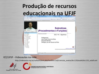 Produção de recursos
educacionais na UFJF
ICE/UFJF - Videoaulas na rede
http://videoaula.rnp.br/rioflashclient.php?xmlfile=/ufjf/ciencias_exatas/dcc119/aula9/dcc119_aula9.xml
 