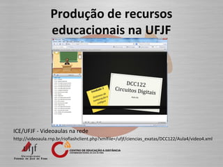 Produção de recursos
educacionais na UFJF
ICE/UFJF - Videoaulas na rede
http://videoaula.rnp.br/rioflashclient.php?xmlfile=/ufjf/ciencias_exatas/DCC122/Aula4/video4.xml
 
