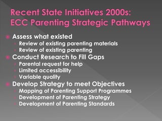  Assess what existed 
› Review of existing parenting materials 
› Review of existing parenting 
 Conduct Research to Fill Gaps 
› Parental request for help 
› Limited accessibility 
› Variable quality 
 Develop Strategy to meet Objectives 
› Mapping of Parenting Support Programmes 
› Development of Parenting Strategy 
› Development of Parenting Standards 
 