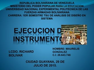 NOMBRE: MAURELIS
GONZALEZ
C.I: 26.643.746
LCDO. RICHARD
BOLIVAR
CIUDAD GUAYANA, 29 DE
JULIO DE 2015.
 