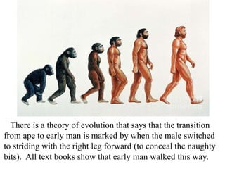 There is a theory of evolution that says that the transition
from ape to early man is marked by when the male switched
to striding with the right leg forward (to conceal the naughty
bits). All text books show that early man walked this way.

 