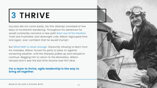 For a team to thrive, agile leadership is the way to
bring all together.
Success did not come easily. His first attempt consisted of five
days of incoherent wandering. Throughout his adventure he
would constantly conceive a new path born out of his intuition.
Tired and frustrated, and downright cold, Wilson regrouped time
and again, ever confident that he would triumph.
But blind faith is never enough. Staunchly refusing to learn from
his mistakes, Wilson forced his party to plow on against
worsening weather, until the Sherpas pulled up and refused to
continue. Begging him to return to the Monastery, Wilson
refused and it was the last time anyone saw him alive.
3 THRIVE
M A U R I C E W I L S O N ' S M I S S I N G M A P S 1 2
 