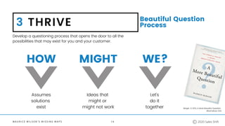 M A U R I C E W I L S O N ' S M I S S I N G M A P S
3 THRIVE Beautiful Question
Process
Develop a questioning process that opens the door to all the
possibilities that may exist for you and your customer.
Assumes
solutions
exist
HOW WE?
Let's
do it
together
MIGHT
Ideas that
might or
might not work
1 4
Berger, G 2014, A More Beautiful Question,
Bloomsbury USA
2020 Sales Shift
 